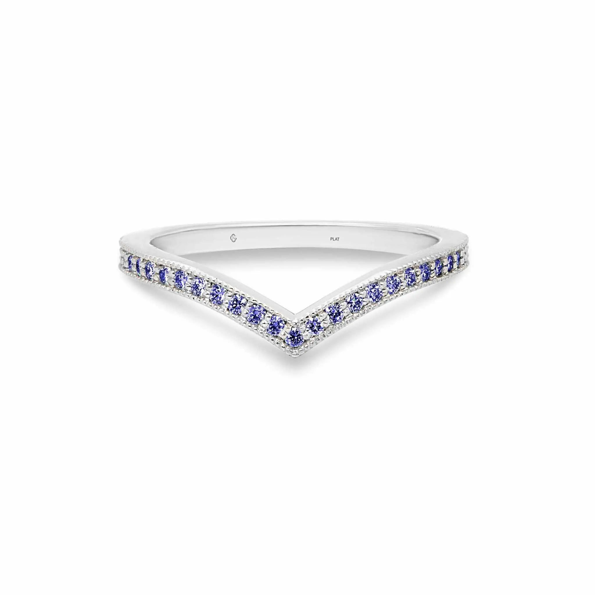 Ava Wedding Band platinum ring with blue diamonds and milgrain edge