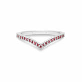 Ava Wedding Band platinum ring with V-shape and red rubies featuring milgrain edge design