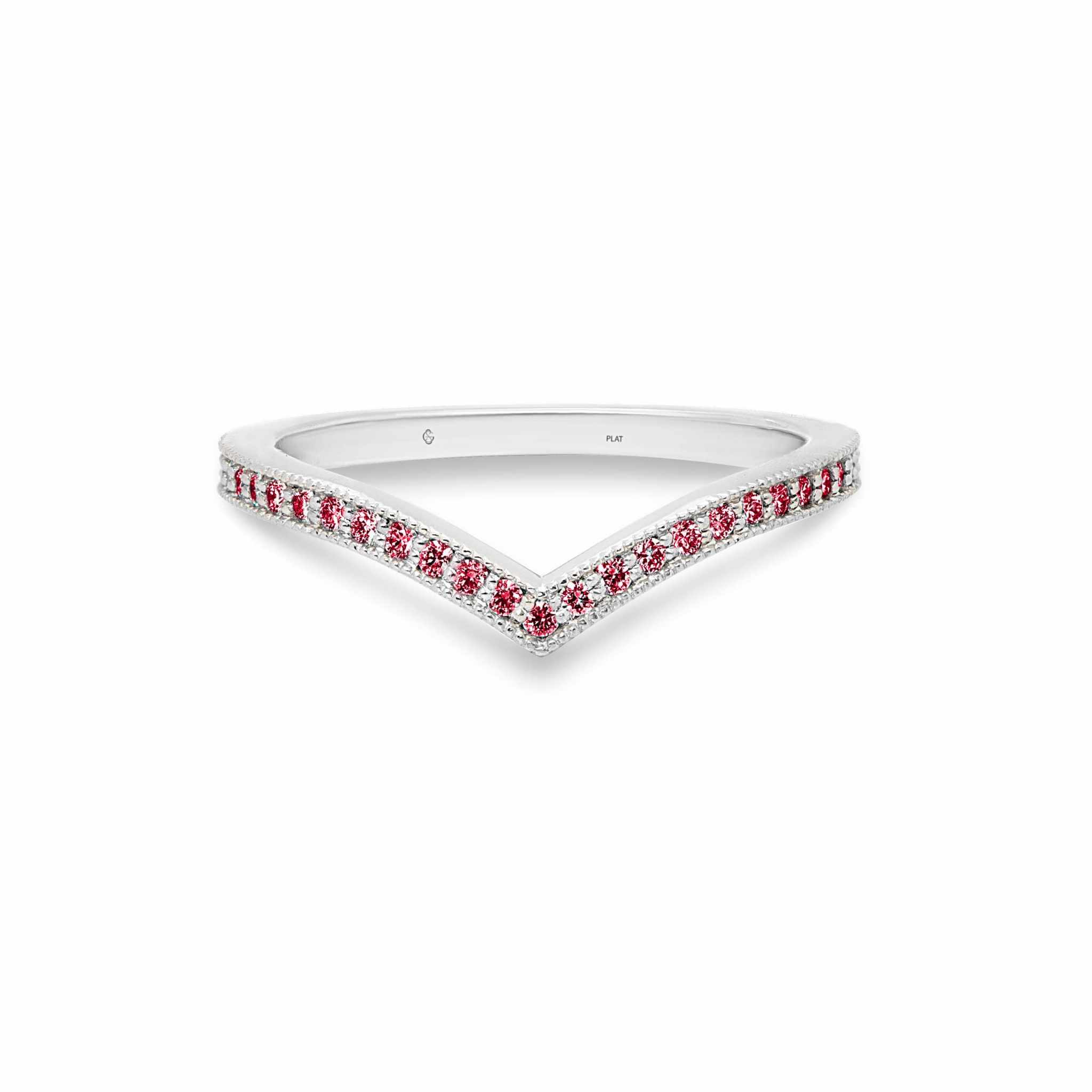 Ava Wedding Band platinum ring with V-shape and red rubies featuring milgrain edge design