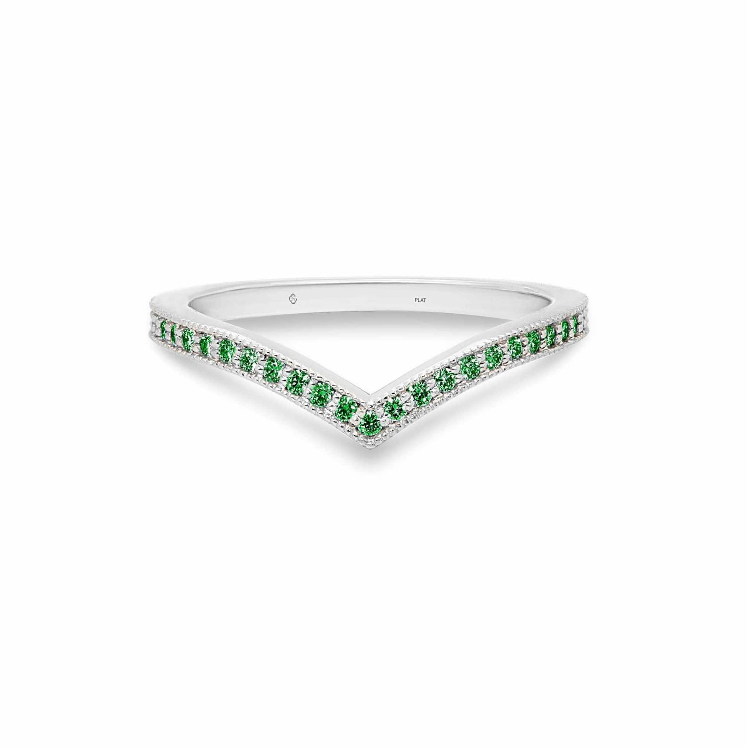 Ava Wedding Band in platinum with green emerald gemstones and milgrain detailing in a V-shape design