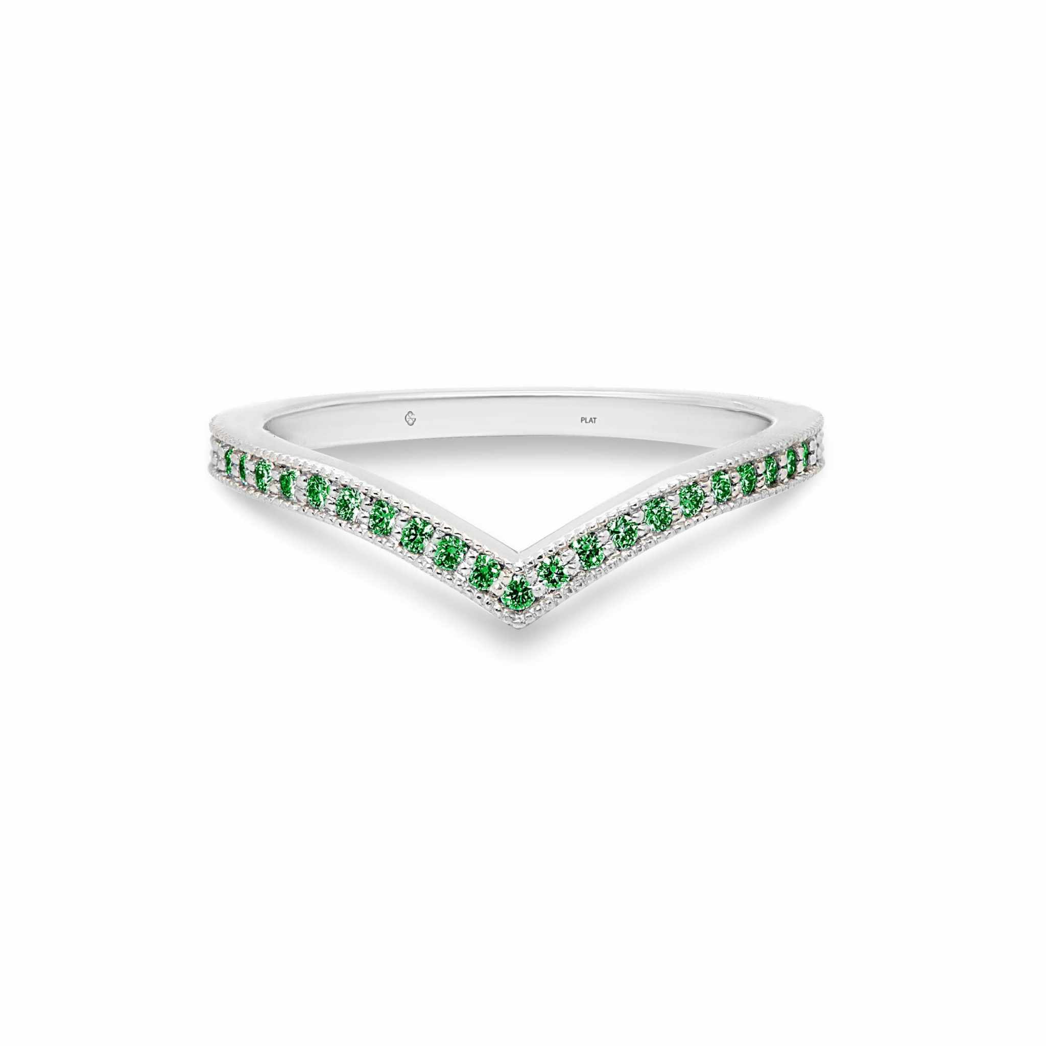 Ava Wedding Band in platinum with green emerald gemstones and milgrain detailing in a V-shape design