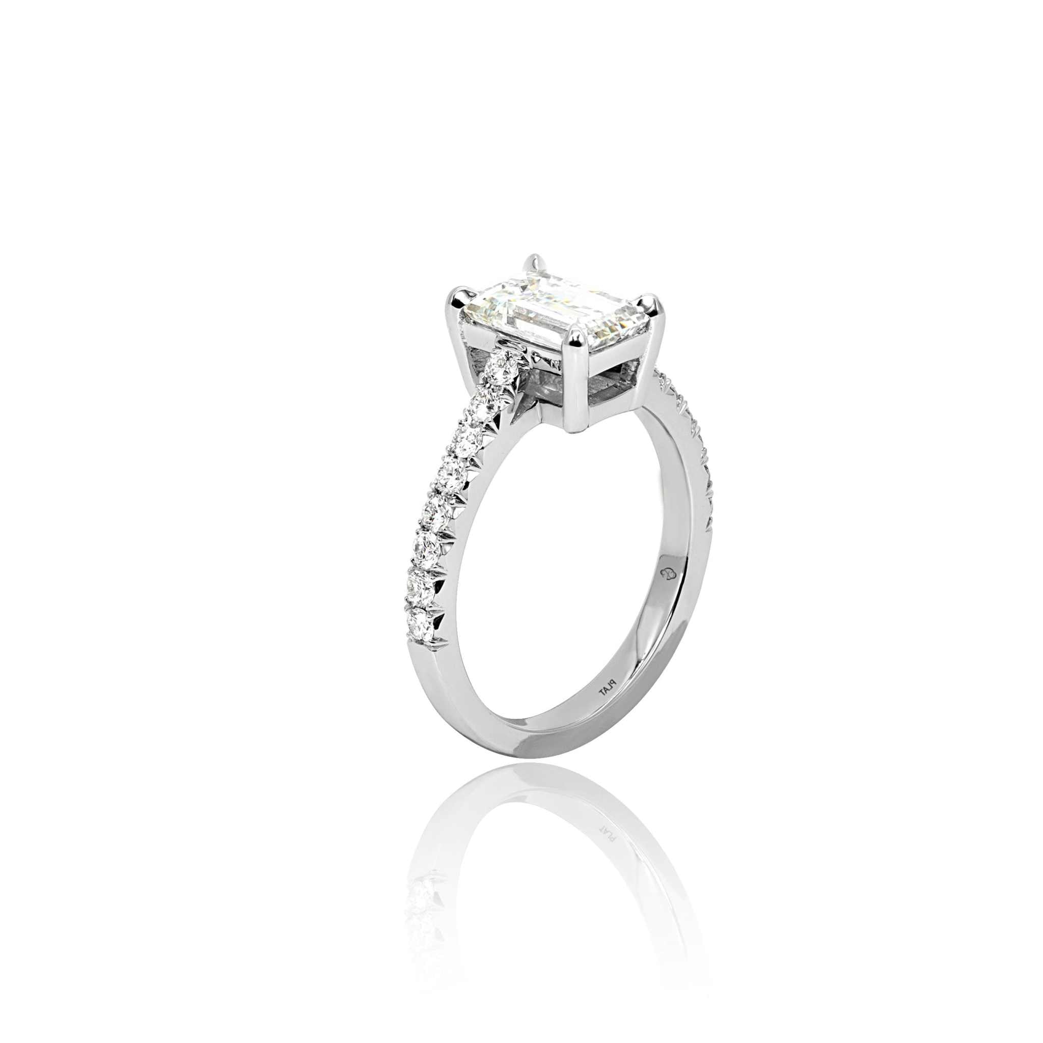 Dafna Engagement Ring with emerald-cut diamond and French cut pavé setting on white gold band