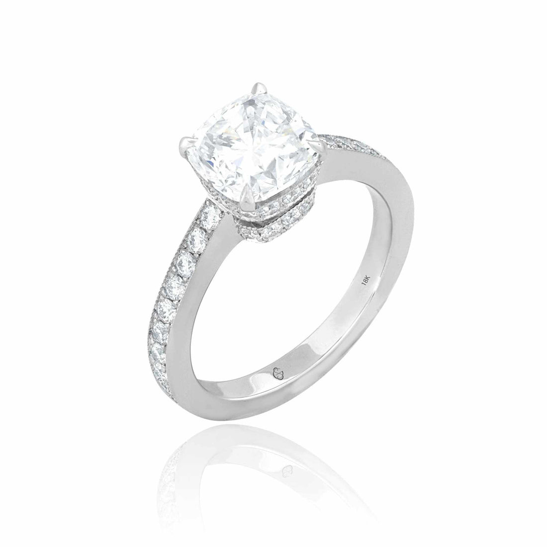 Daniella Engagement Ring with cushion-cut center diamond and pave band in white gold.