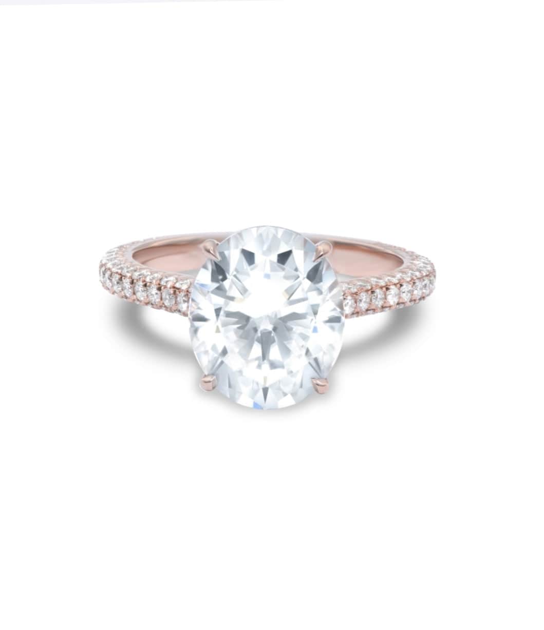 Rose gold Leah three row pave engagement ring with 2ct oval lab grown diamond center stone and hidden halo design