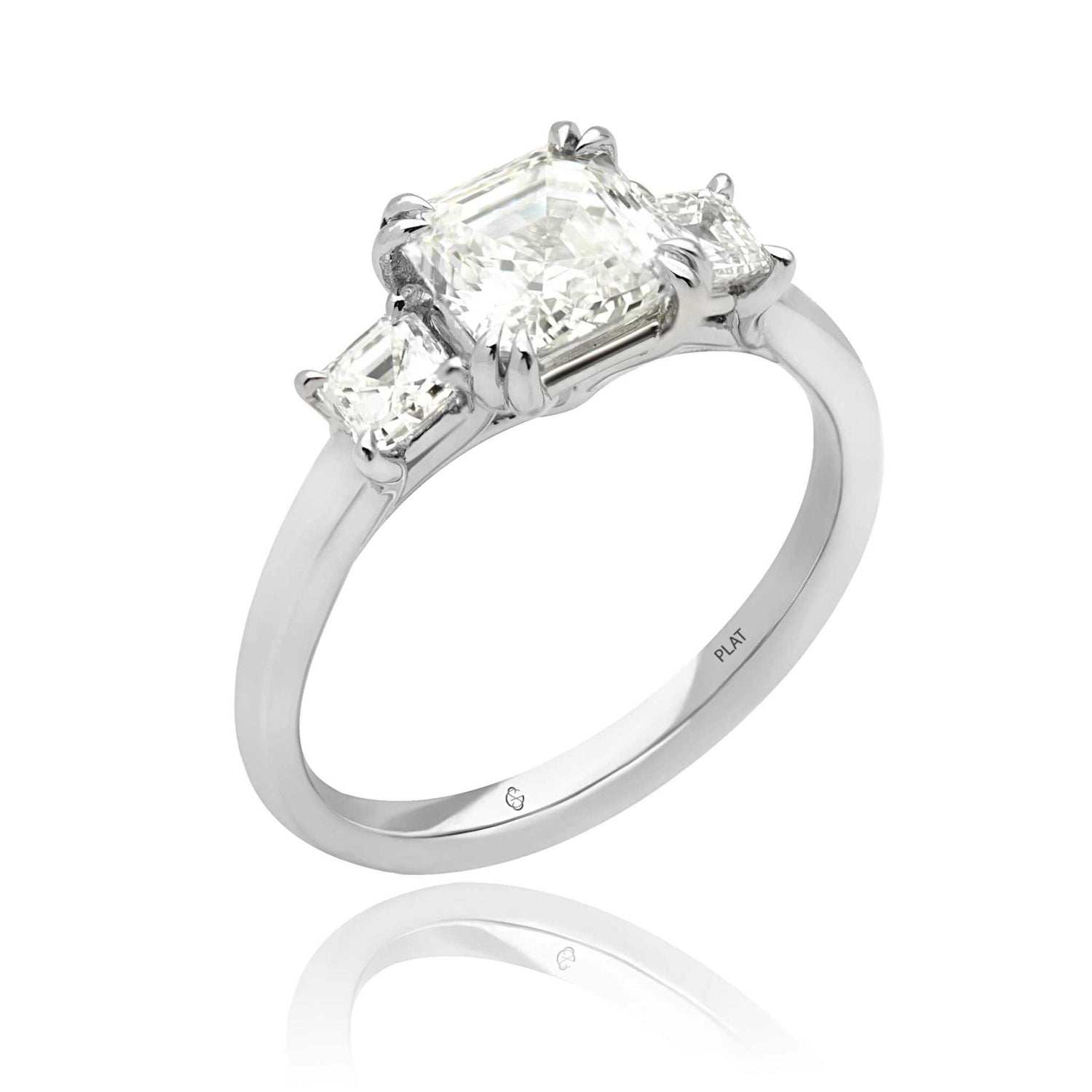 Leeba three stone engagement ring with 2ct Asscher-cut center diamond and 0.5ct Asscher-cut side diamonds in platinum band