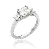 Leeba three stone engagement ring with 2ct Asscher-cut center diamond and 0.5ct Asscher-cut side diamonds in platinum band