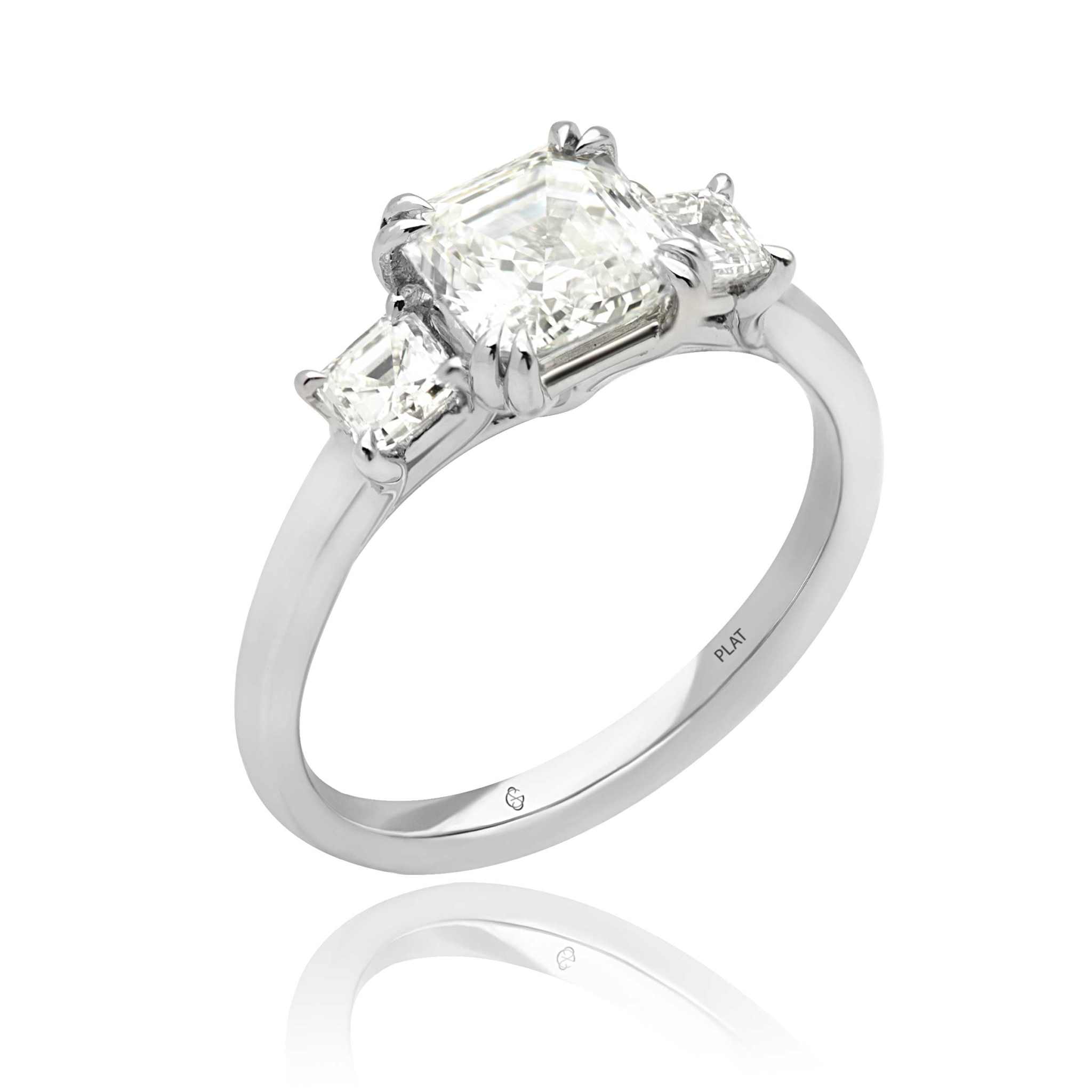Leeba three stone engagement ring with 2ct Asscher-cut center diamond and 0.5ct Asscher-cut side diamonds in platinum band
