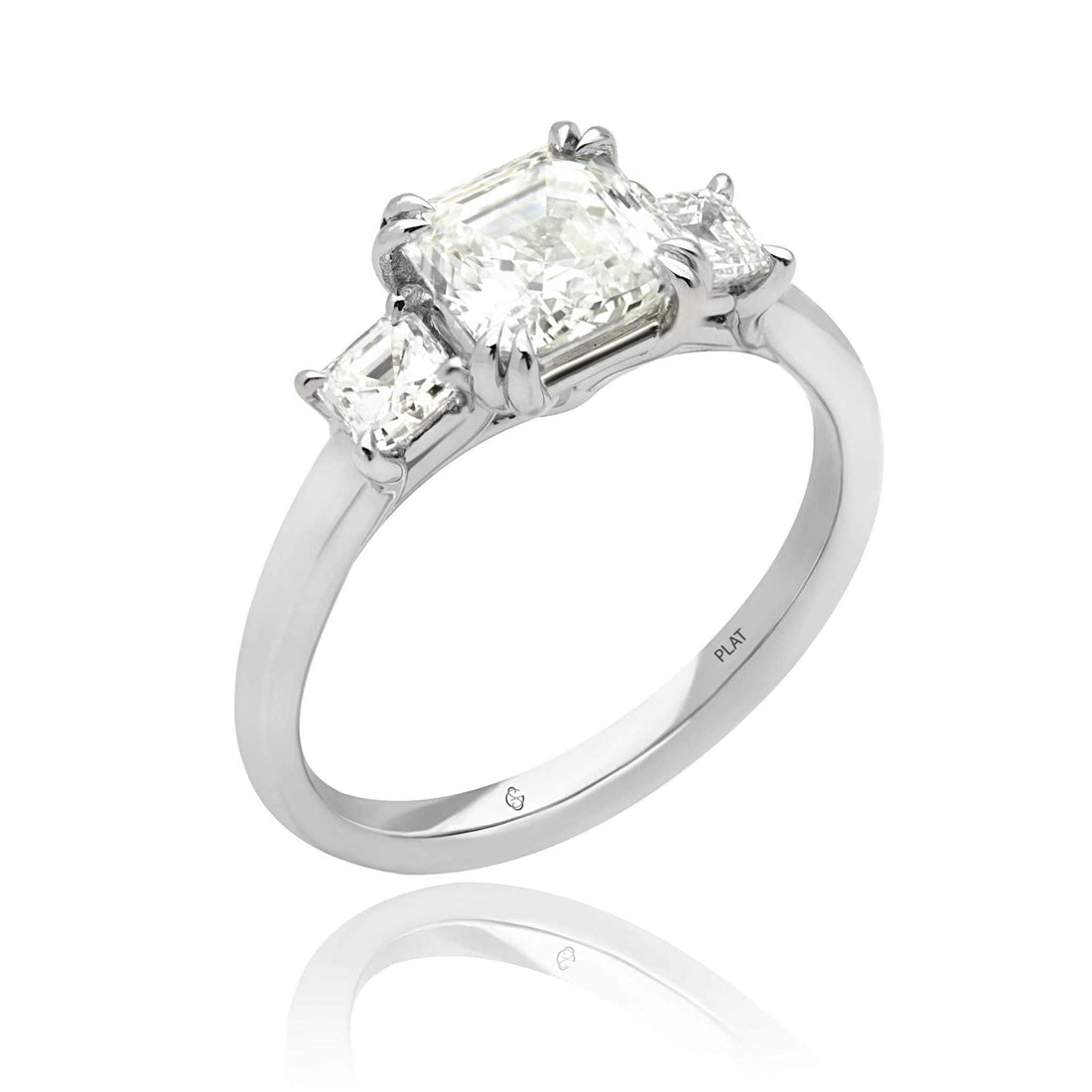 Leeba Three Stone Engagement ring with 2ct Asscher-cut center diamond and 0.5ct side stones in platinum band