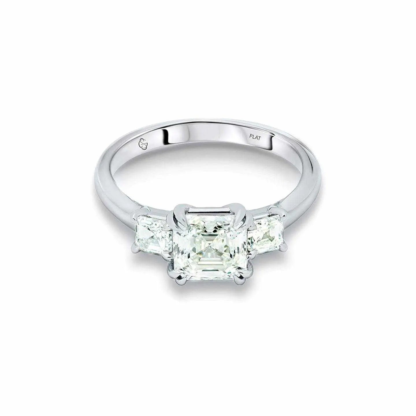 Leeba Three Stone Engagement Ring with 2ct Asscher-cut center diamond and 0.5ct Asscher-cut side stones in a sleek platinum band