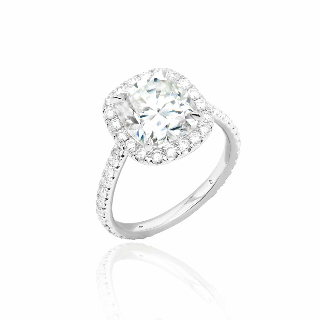 Levana Engagement Ring with 1.80ct cushion cut diamond and pavé halo in white gold.
