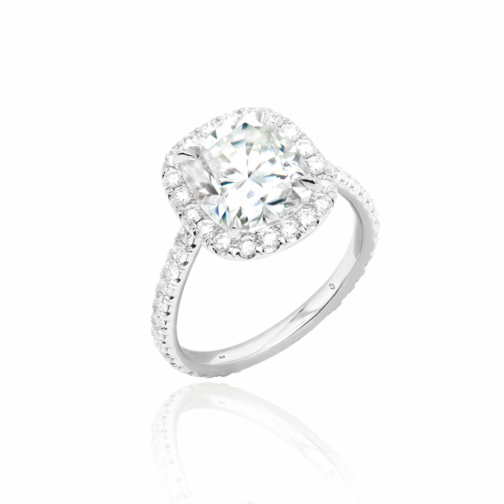 Levana engagement ring with 1.80ct cushion cut diamond and pavé halo in white gold