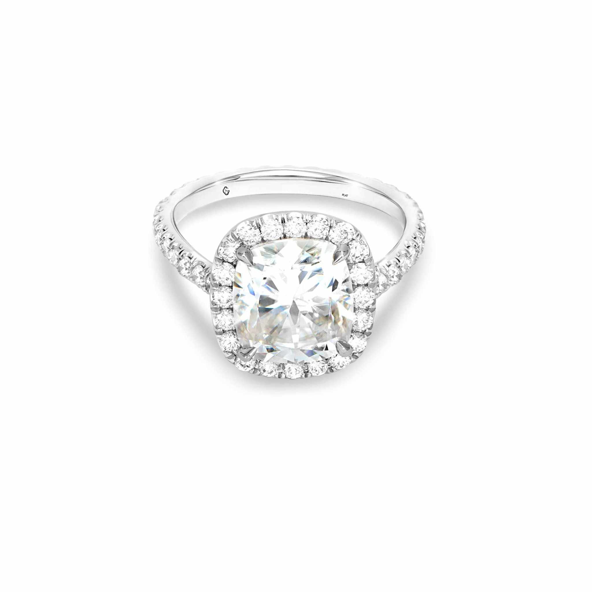 Levana Engagement Ring with 1.80ct cushion cut diamond and pavé halo setting in white gold