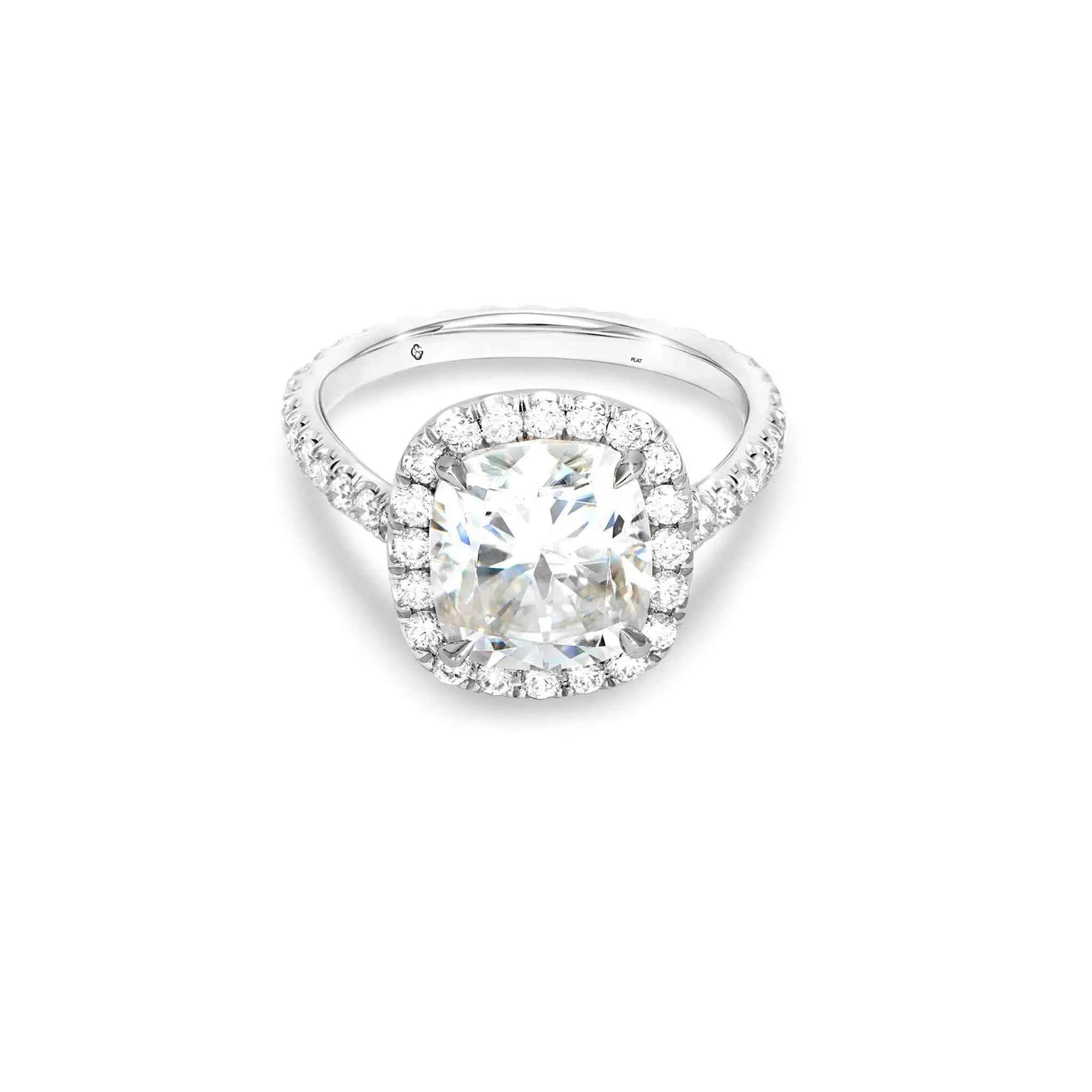 Levana Engagement Ring with 1.80ct cushion cut diamond and pavé halo setting in white gold