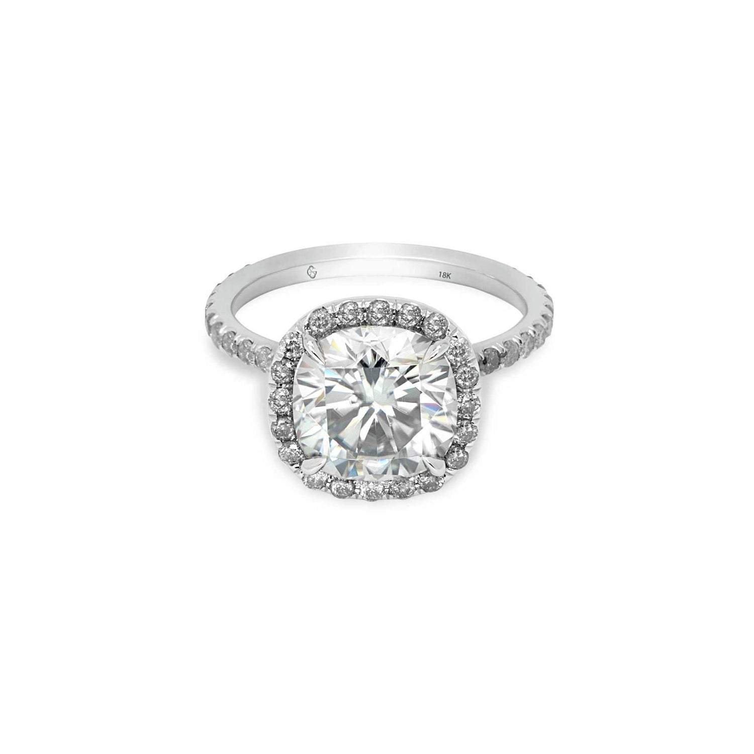 Lilah Engagement Ring with 2ct cushion cut lab grown diamond and 18K white gold setting with salt and pepper diamond accents