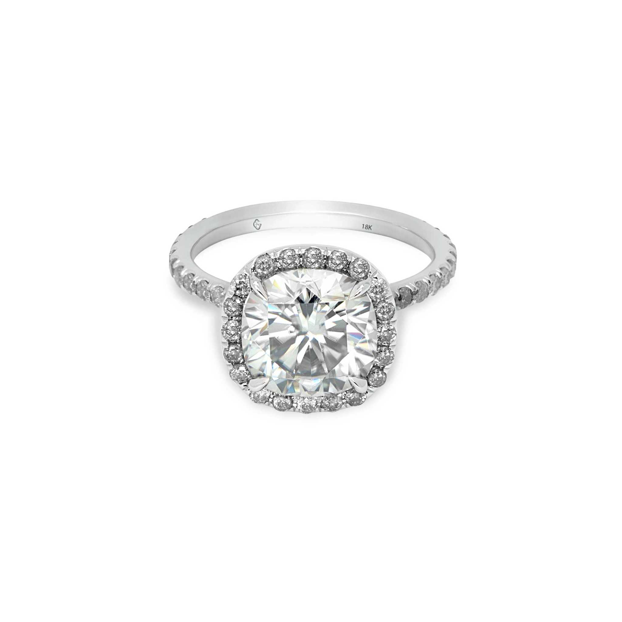 Lilah Engagement Ring with 2ct cushion cut lab grown diamond and 18K white gold setting with salt and pepper diamond accents