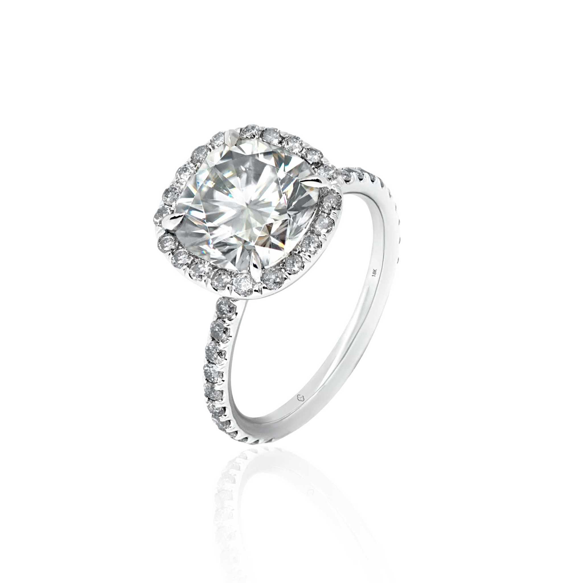 Lilah Engagement Ring with 2ct cushion cut lab grown diamond and 18K white gold setting with salt and pepper diamonds