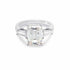 Meira three stone engagement ring with emerald-cut center diamond and baguette side stones in white gold