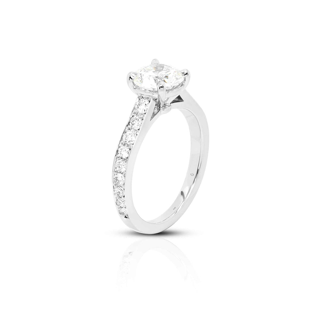 Naomi Engagement Ring in white gold with F VS1 diamond center and diamond-studded shank