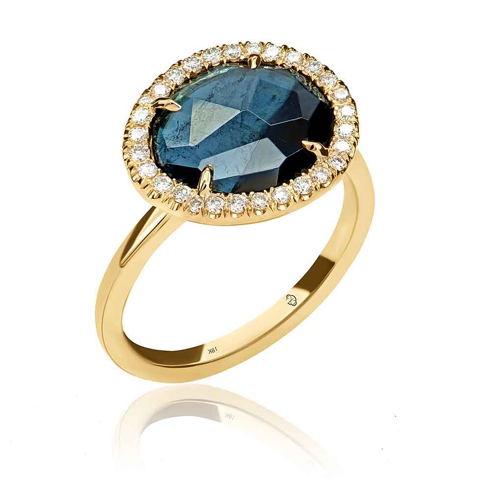 18k yellow gold ring with rose-cut blue tourmaline and VS diamond halo, Julia Gina Tourmaline Ring