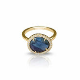 18k yellow gold Gina Tourmaline Ring with rose-cut blue tourmaline center and VS diamond halo setting