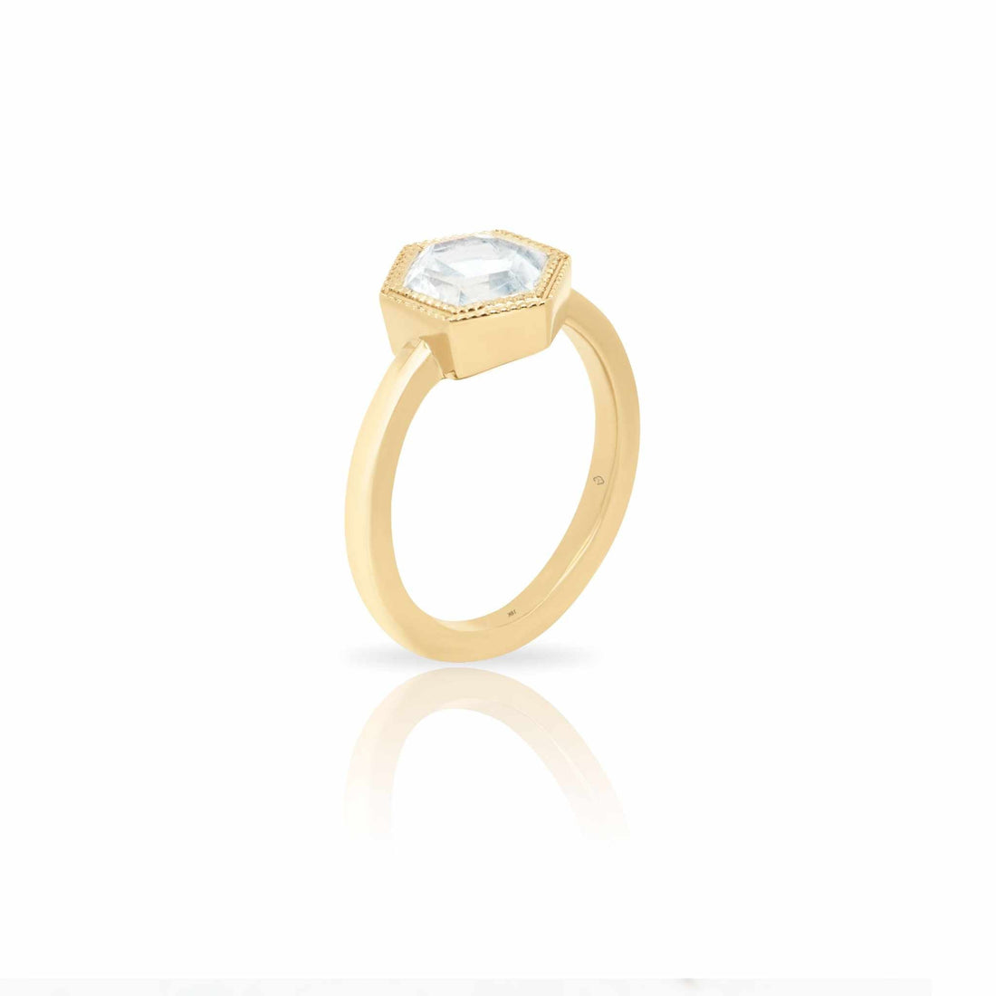 Sheena Moonstone Ring in 14K yellow gold with hexagonal rose-cut moonstone and milgrain bezel design