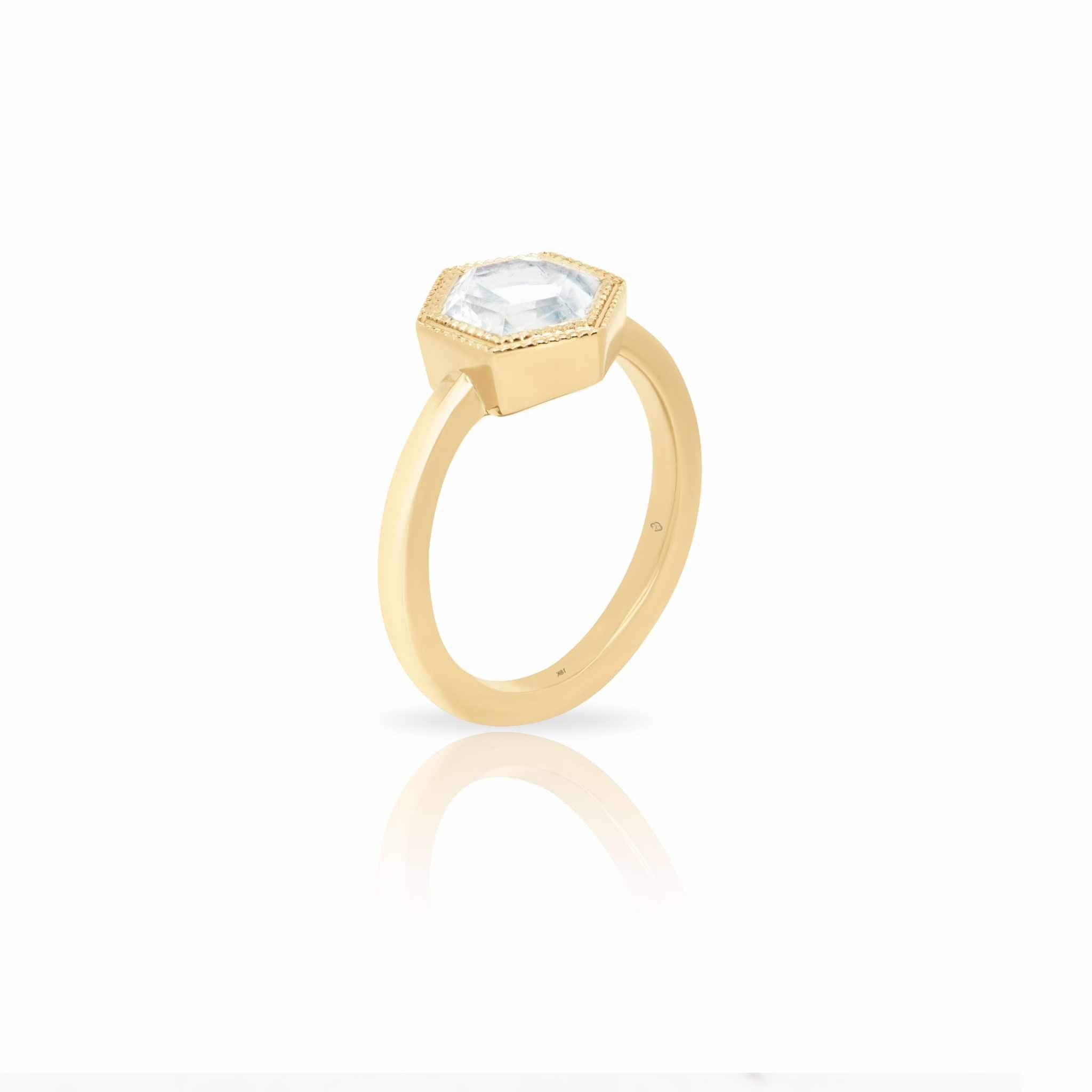Sheena Moonstone Ring in 14K yellow gold with hexagonal rose-cut moonstone and milgrain bezel design