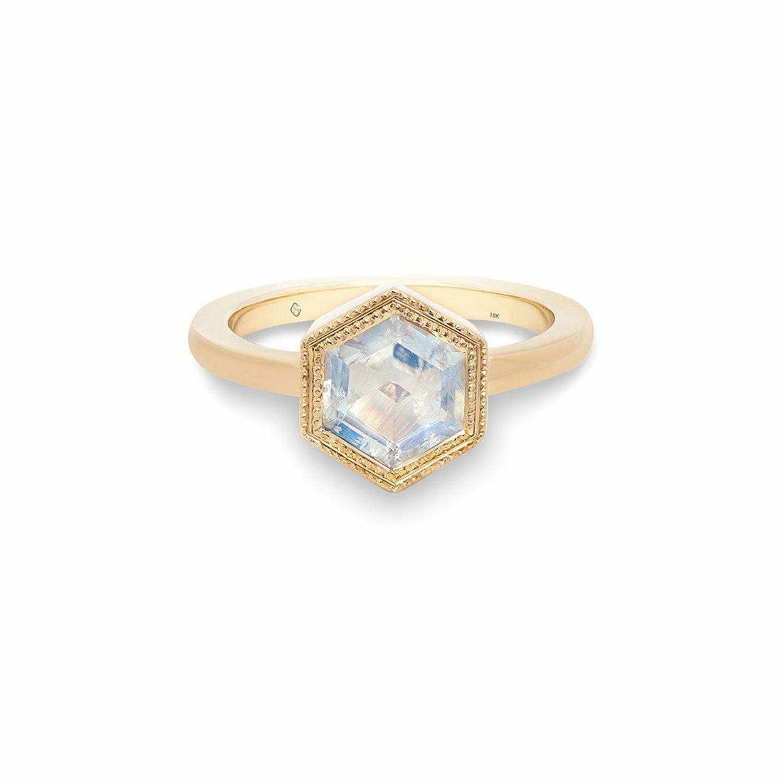 Sheena Moonstone Ring with 2.7-carat hexagonal rose-cut moonstone set in 14K yellow gold milgrain bezel