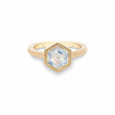 Sheena Moonstone Ring with 2.7-carat hexagonal rose-cut moonstone set in 14K yellow gold milgrain bezel