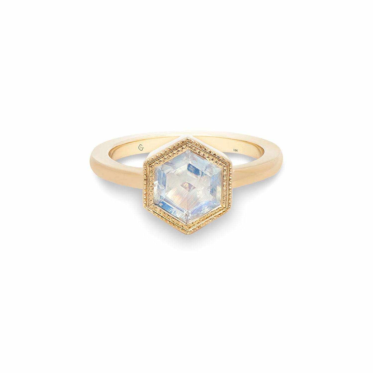 Sheena Moonstone Ring with 2.7-carat hexagonal rose-cut moonstone set in 14K yellow gold milgrain bezel