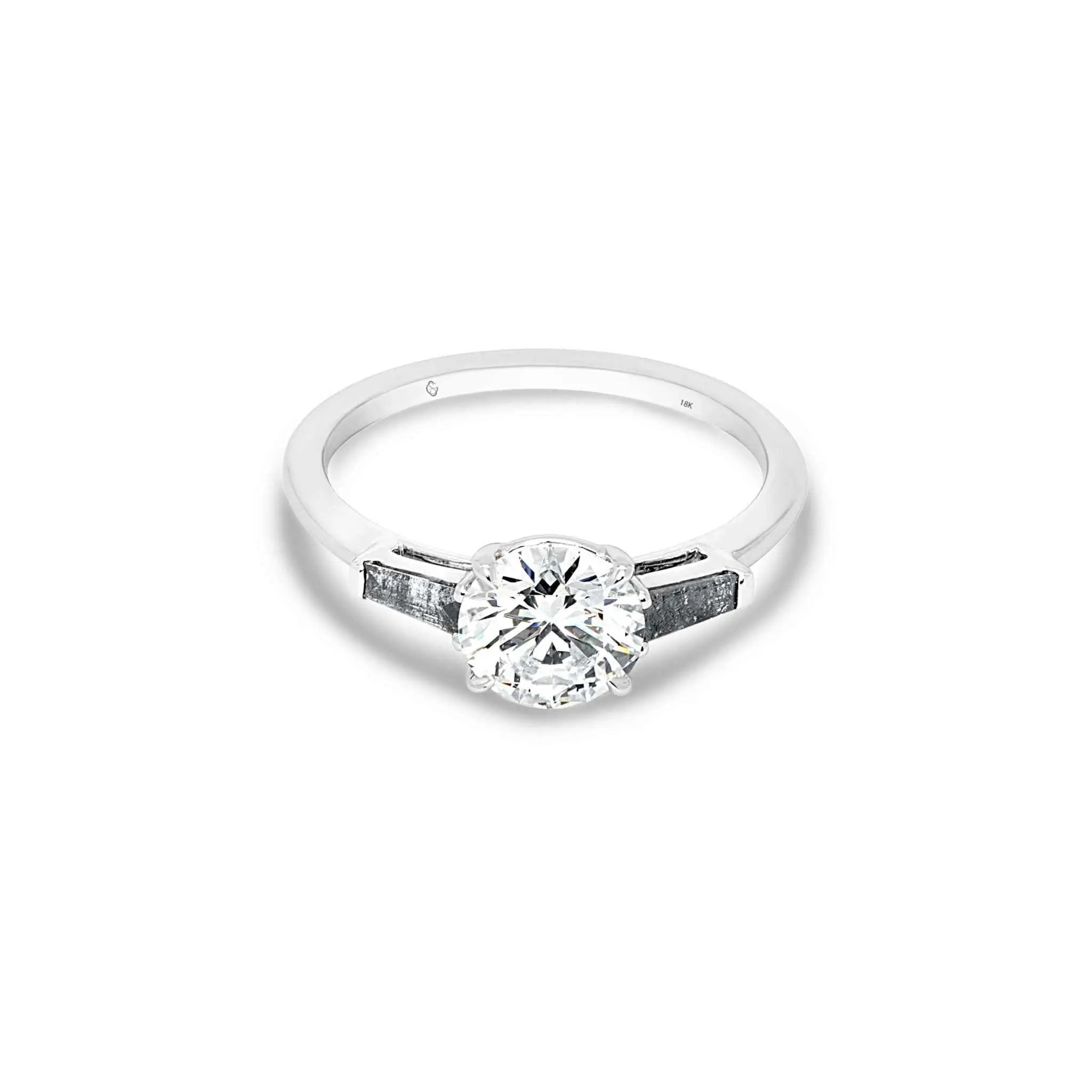 Sierra Three Stone Engagement Ring with 1.6-carat salt-and-pepper diamond and gray baguette side stones