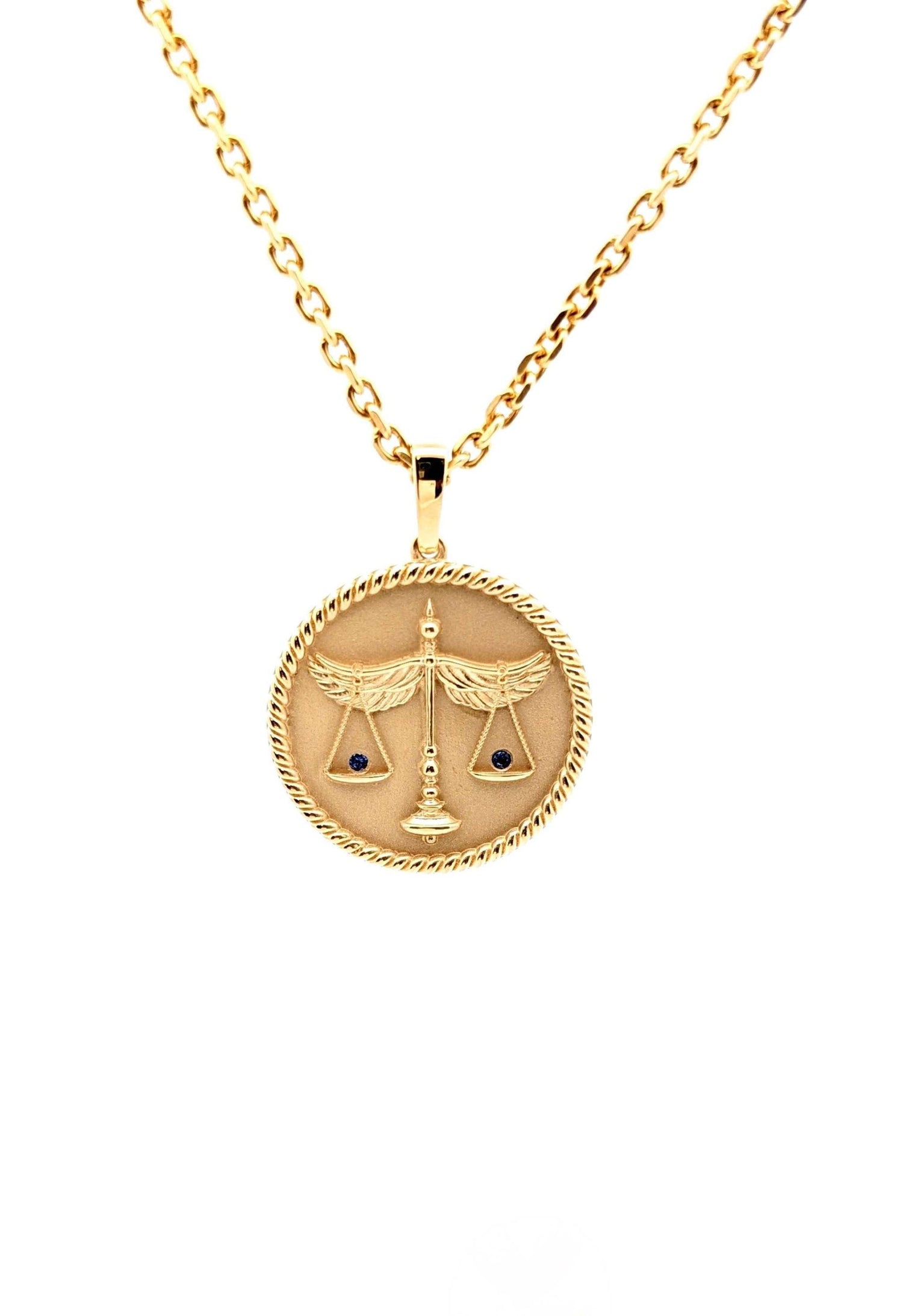 18K yellow gold Zodiac Medallion with birthstone and polished rope border on cable chain