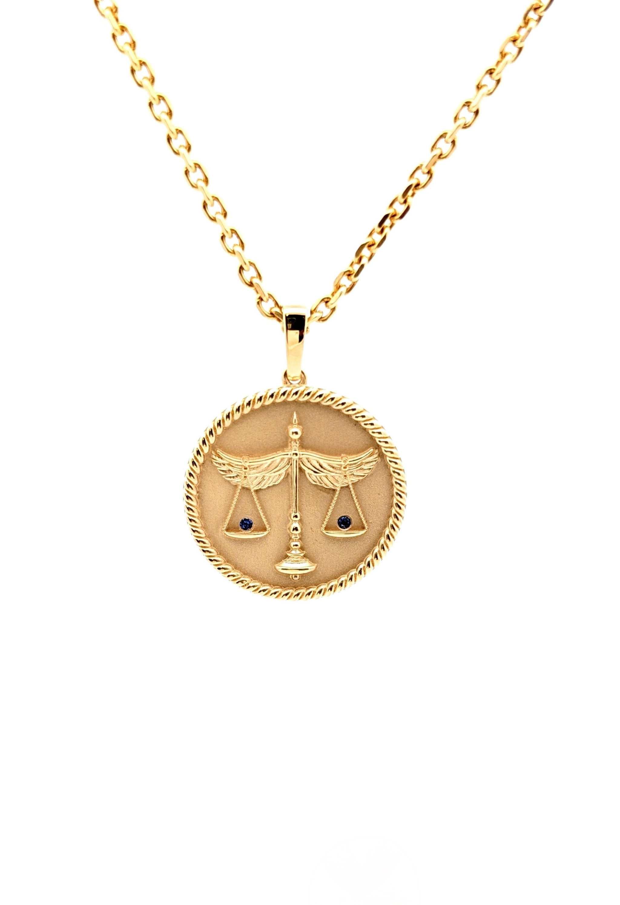 18K yellow gold Zodiac Medallion with birthstone and polished rope border on cable chain
