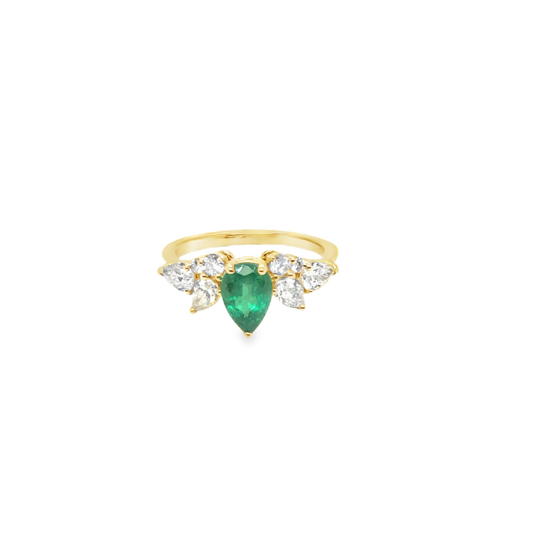 Eliana Engagement ring with pear-shaped emerald and diamond halo set in 18k yellow gold