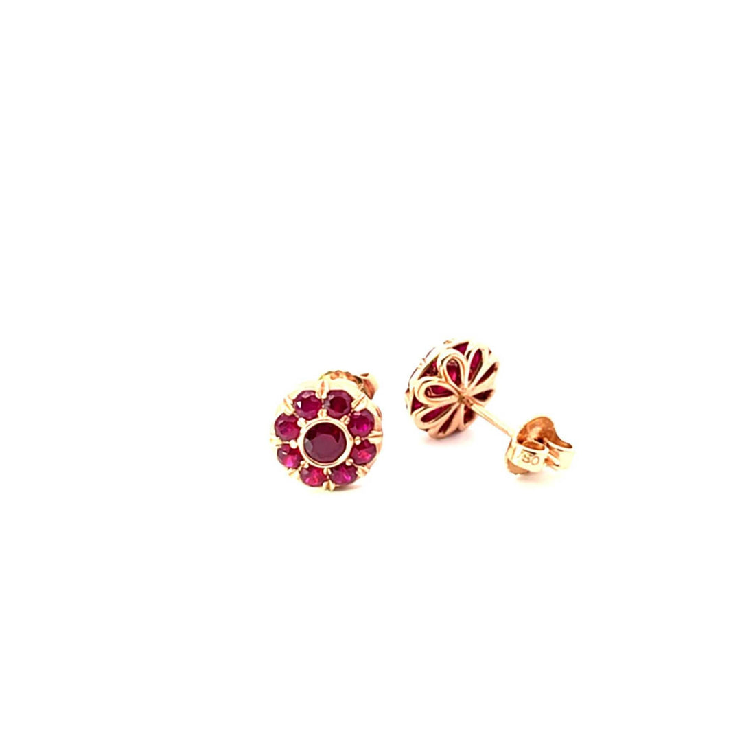 18k rose gold Ruby Flower Earrings with vibrant red ruby gemstones in a floral design