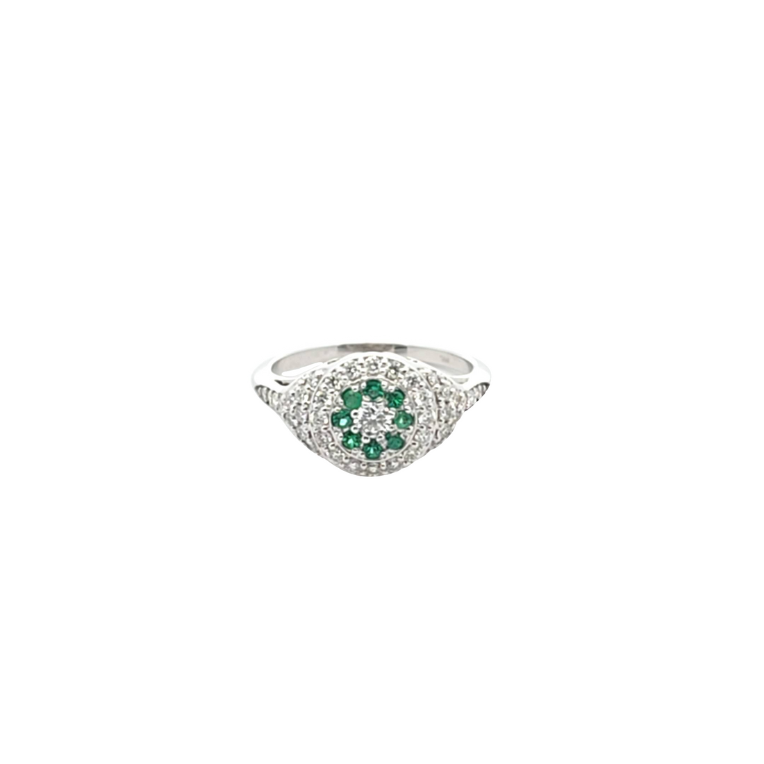 Gatsby Art Deco Ring in 18K white gold with diamonds and emeralds vintage-inspired jewelry