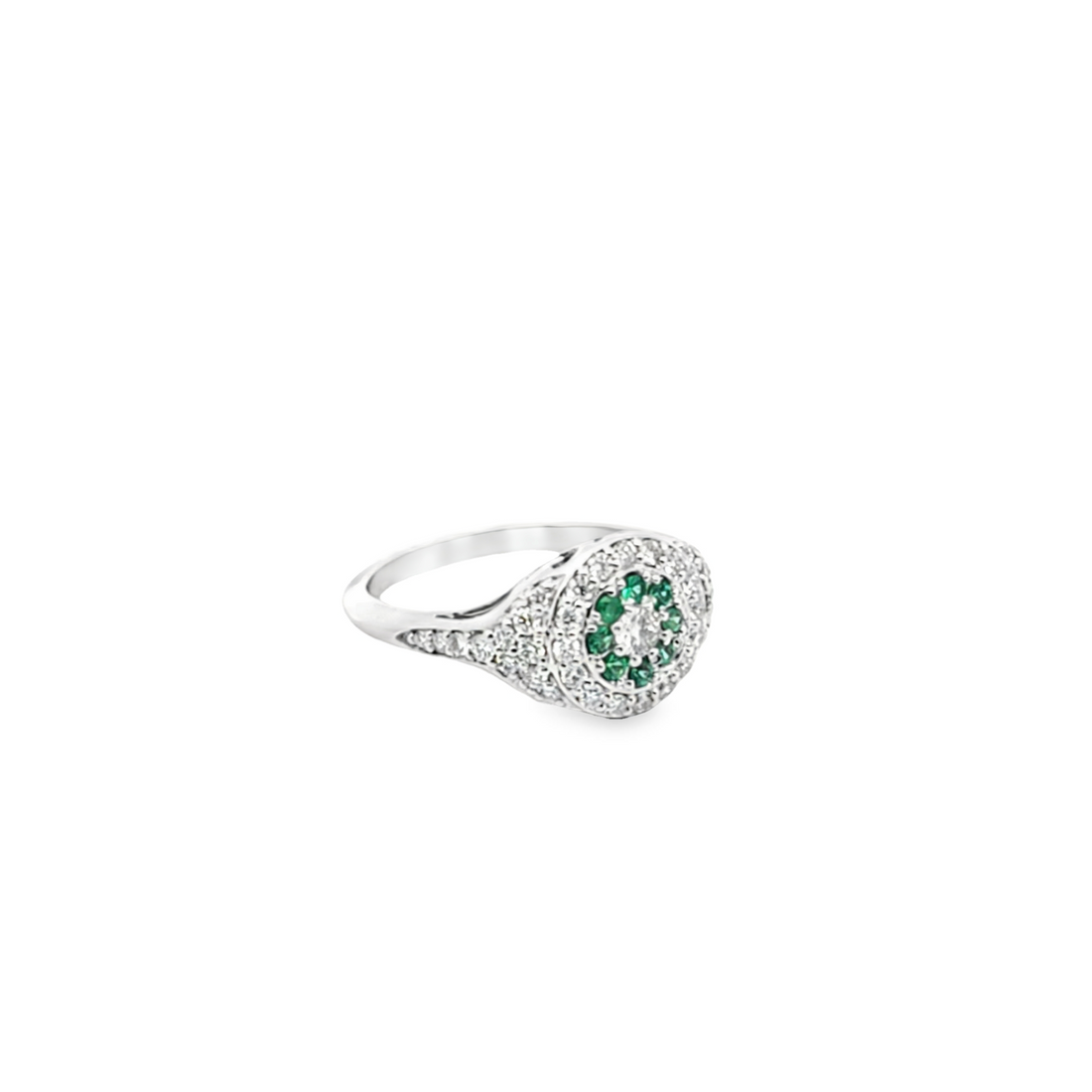 Gatsby Art Deco Ring in 18K white gold with diamonds and emeralds, vintage-inspired geometric design