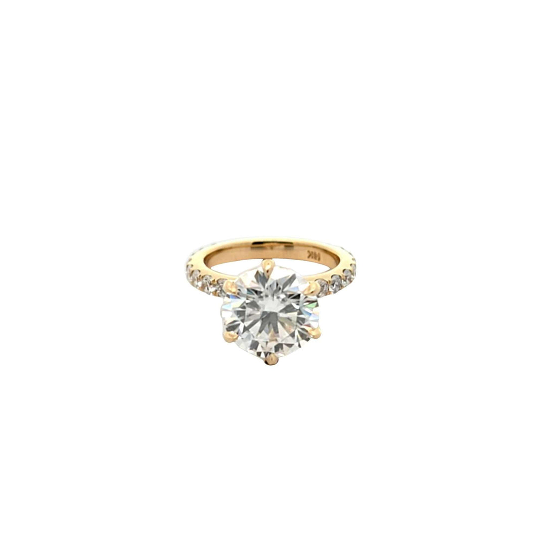 Classic engagement ring with 4.4ct brilliant-cut diamond in 18K yellow gold band adorned with natural diamonds