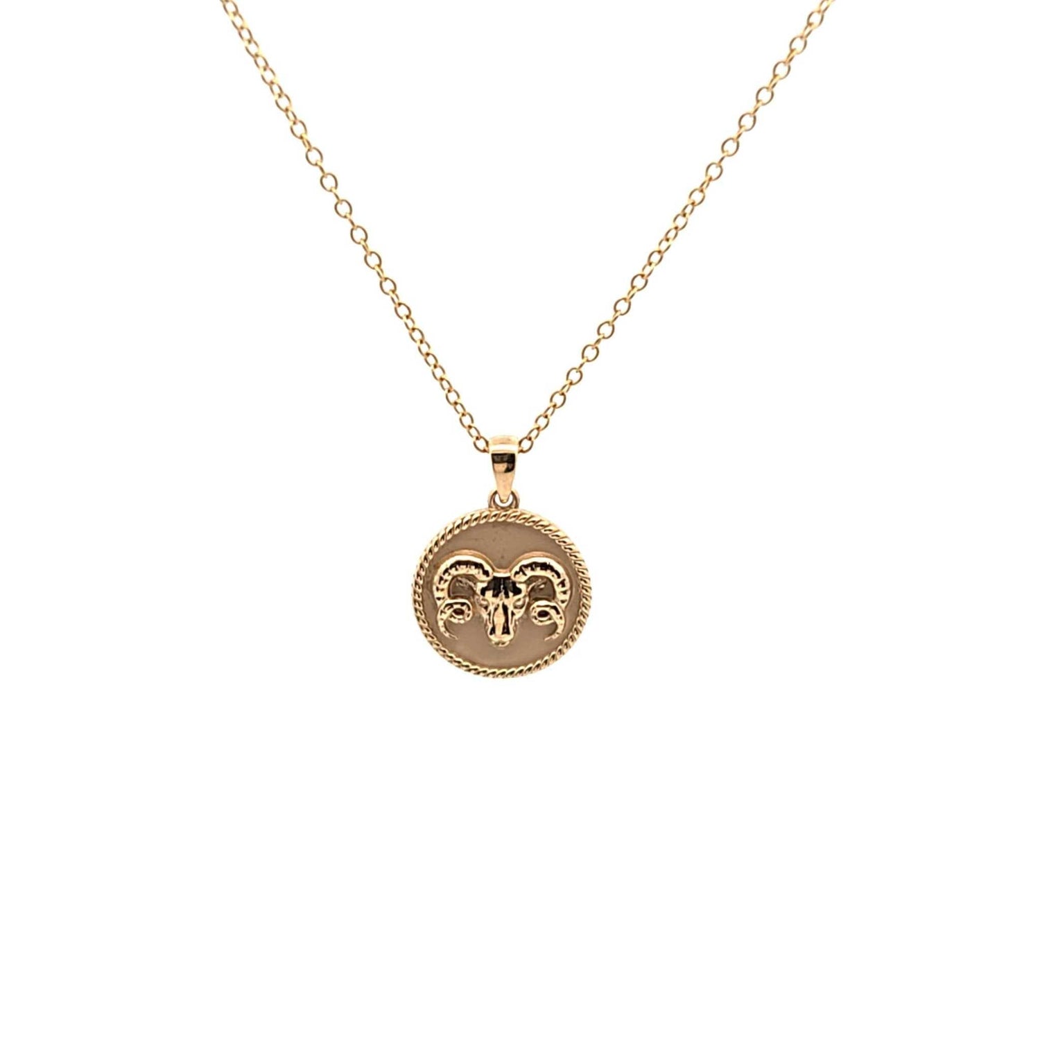 18K solid yellow gold Zodiac Charm necklace with polished rope border and sandblasted background featuring Aries zodiac symbol