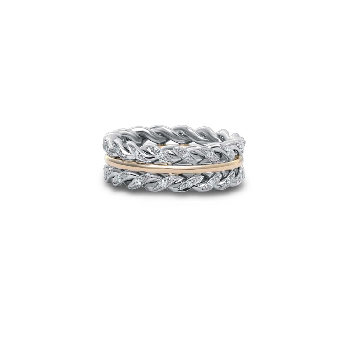 Braided two-toned band with platinum and 18K yellow gold featuring 0.55 carats diamonds and intricate design