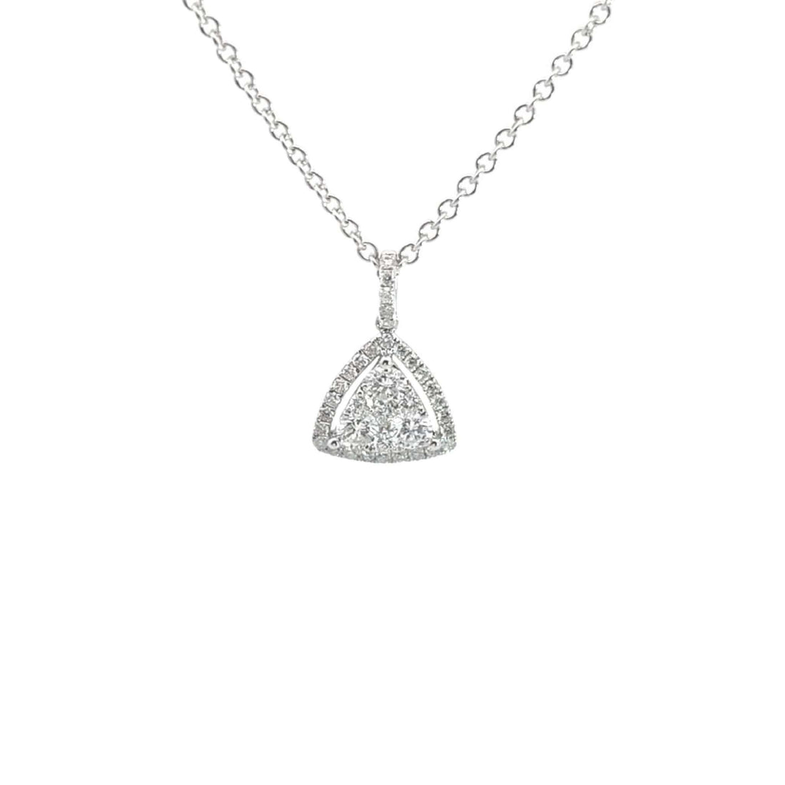Amelia Diamond Triangle Necklace in 14K white gold with radiant round diamonds and halo pavé setting