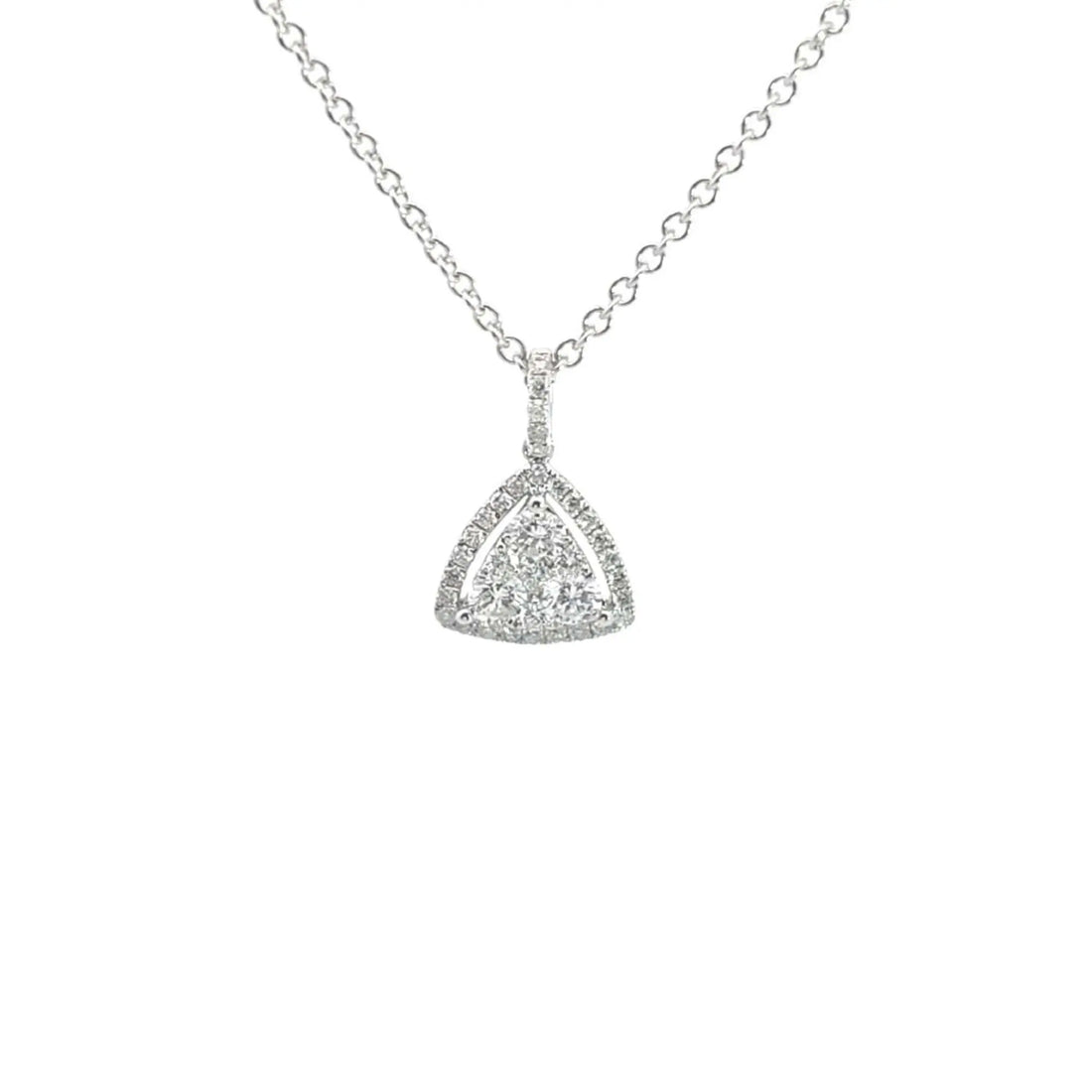 Amelia Diamond Triangle Necklace in 14K white gold with radiant round diamonds and halo pavé setting