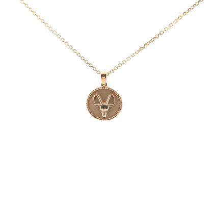18K solid yellow gold Zodiac Charm necklace with polished rope border and sandblasted background featuring astrological symbol pendant
