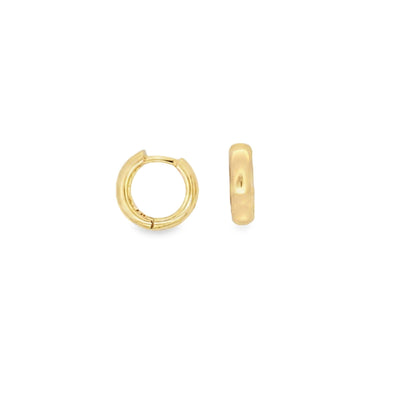 18K Gold Mini Hoops in yellow gold, lightweight, elegant for stacking, available in small, medium, and large sizes.