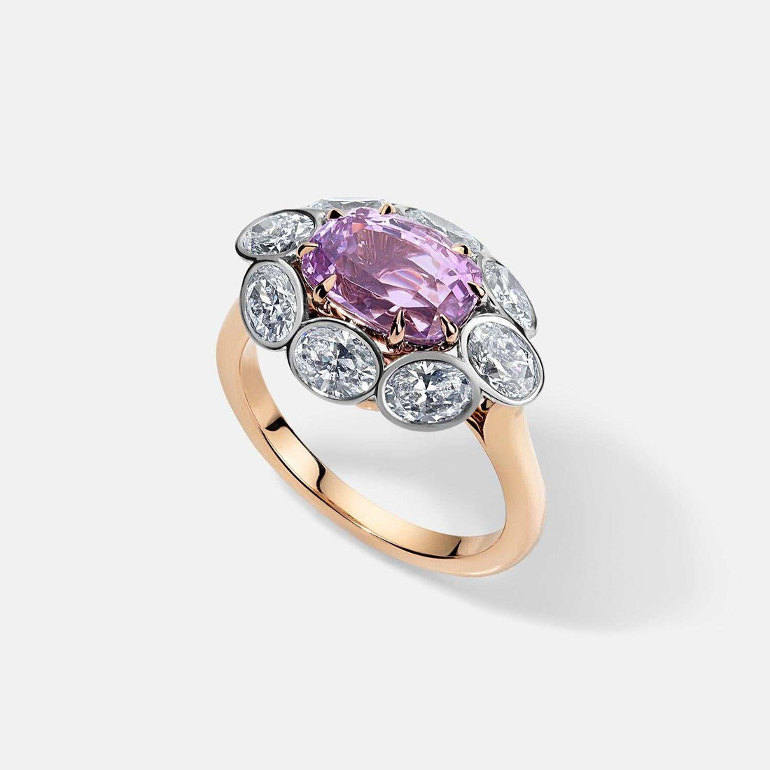 Sami Pink Sapphire and Diamond ring with 3.18-carat cushion-cut pink sapphire and 1.6 carats of diamonds in 18K rose and white gold
