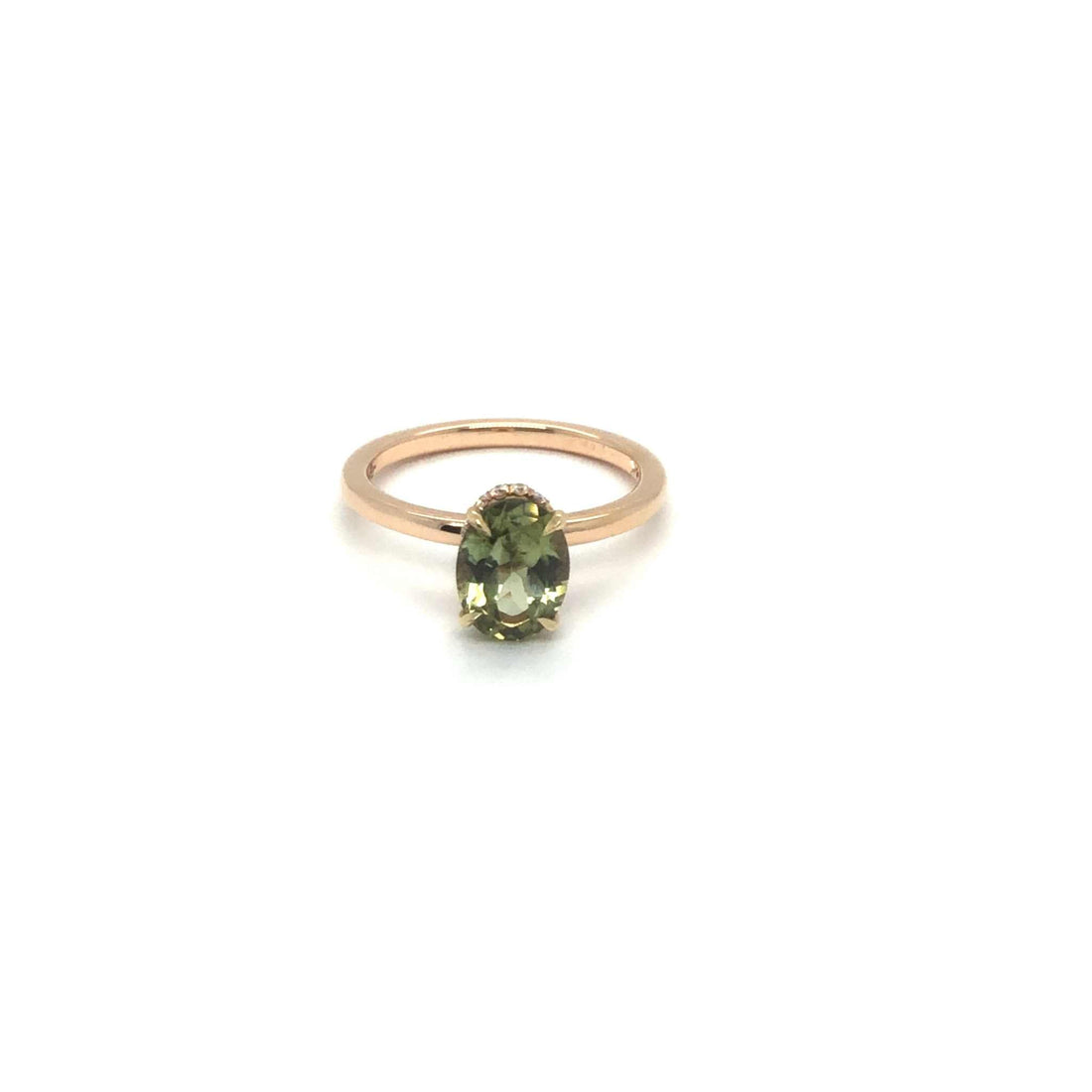 Gloria Alternative Engagement Ring with green oval gemstone and hidden halo on rose gold band