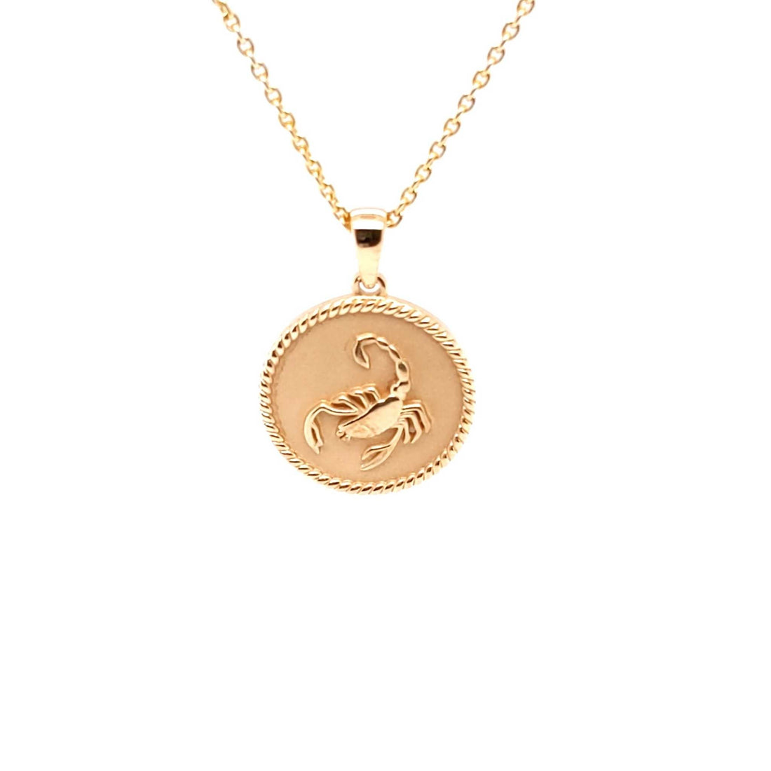 18K gold Zodiac Mini Medallion necklace with scorpion design and rope border on 18-inch chain