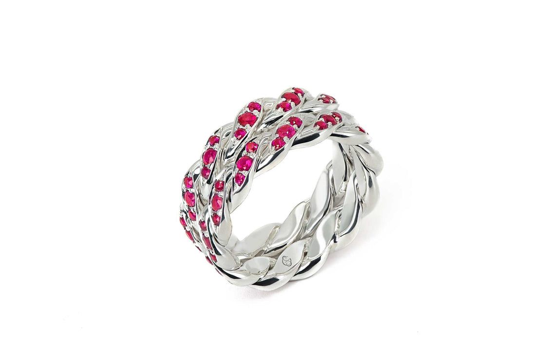 Jasper Eternity Band 18K white gold ring with 4.5 carats ruby gemstones entwined design