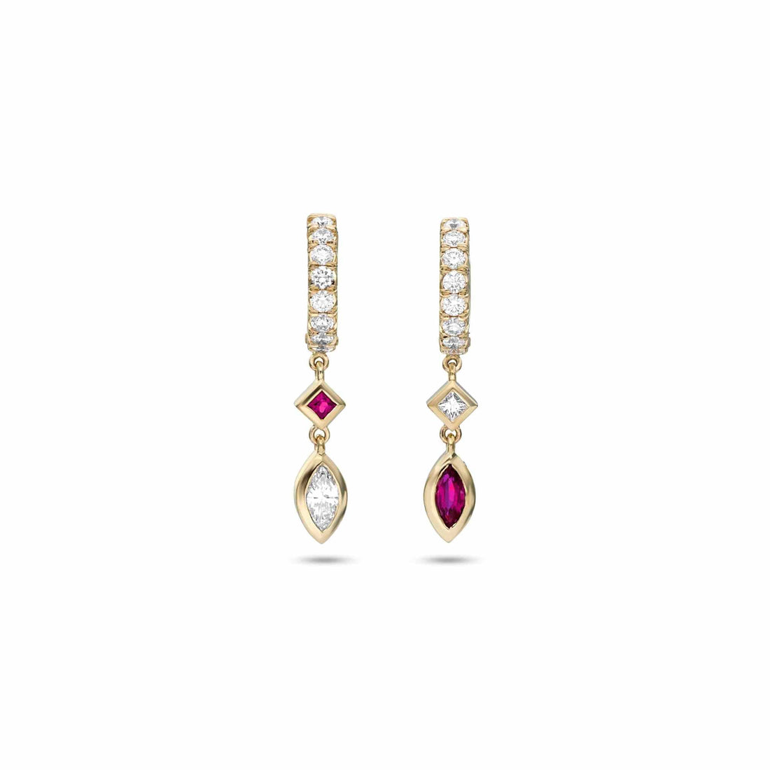 Sherrie Hoop earrings with diamonds and rubies in 18k yellow gold fishtail setting