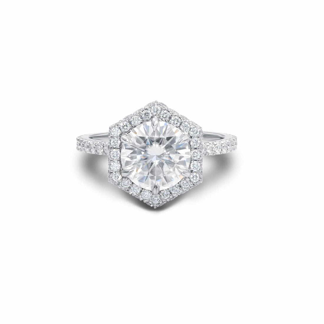 Ilana Double Edge Halo Engagement Ring with hexagonal halo and brilliant cut diamond