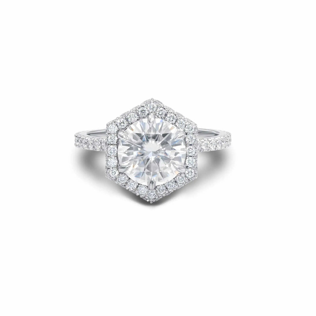 Ilana Double Edge Halo Engagement Ring with hexagonal halo and brilliant cut diamond